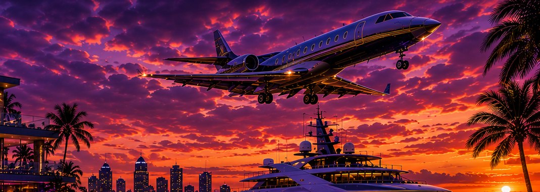 Luxury private jet at sunset over Miami