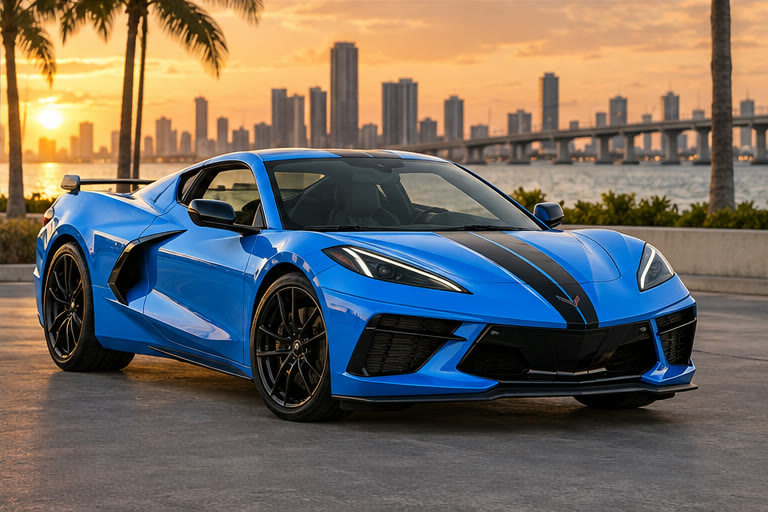 Blue Chevrolet Corvette C8 2LT with black stripes