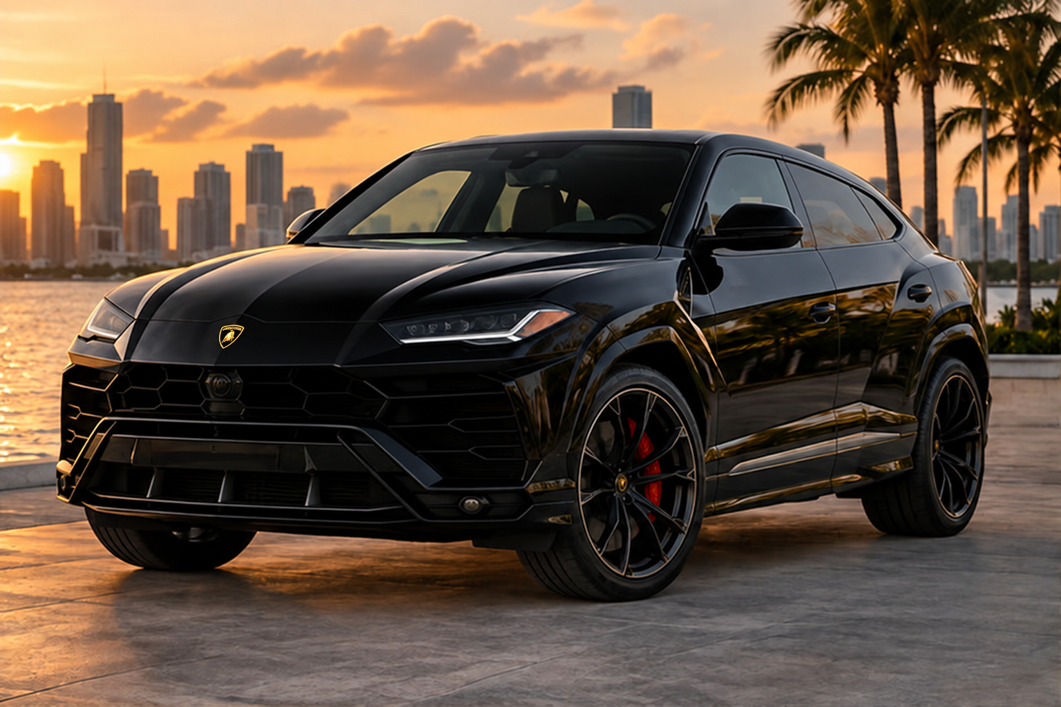 Black Lamborghini Urus with visible Lamborghini crest, available through Suave Lifestyle Concierge