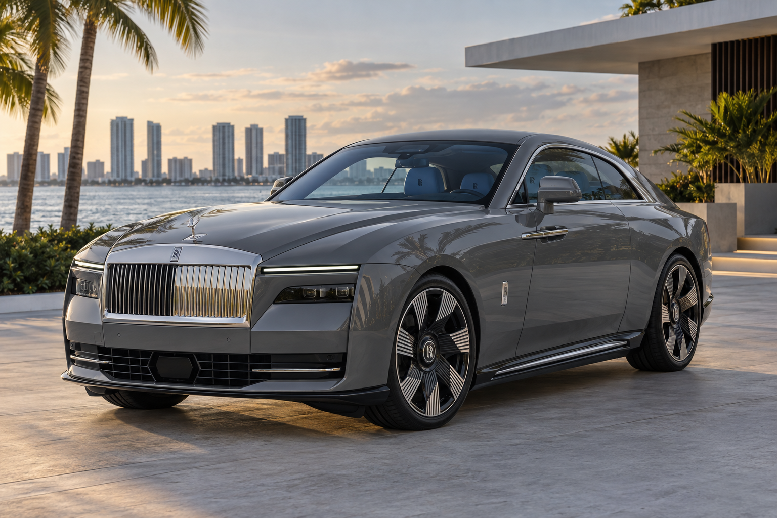 Grey Rolls-Royce Spectre with blue interior